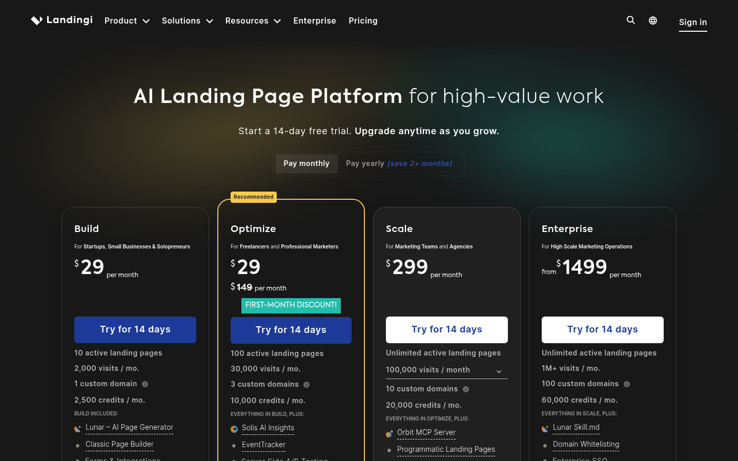 Screenshot of Landingi's pricing page showing its plans and prices