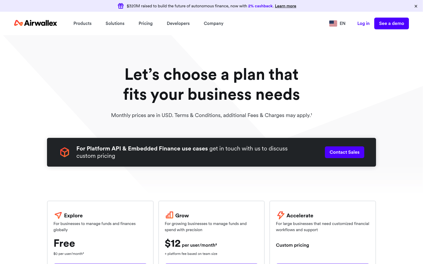 Screenshot of Airwallex's pricing page showing its plans and prices