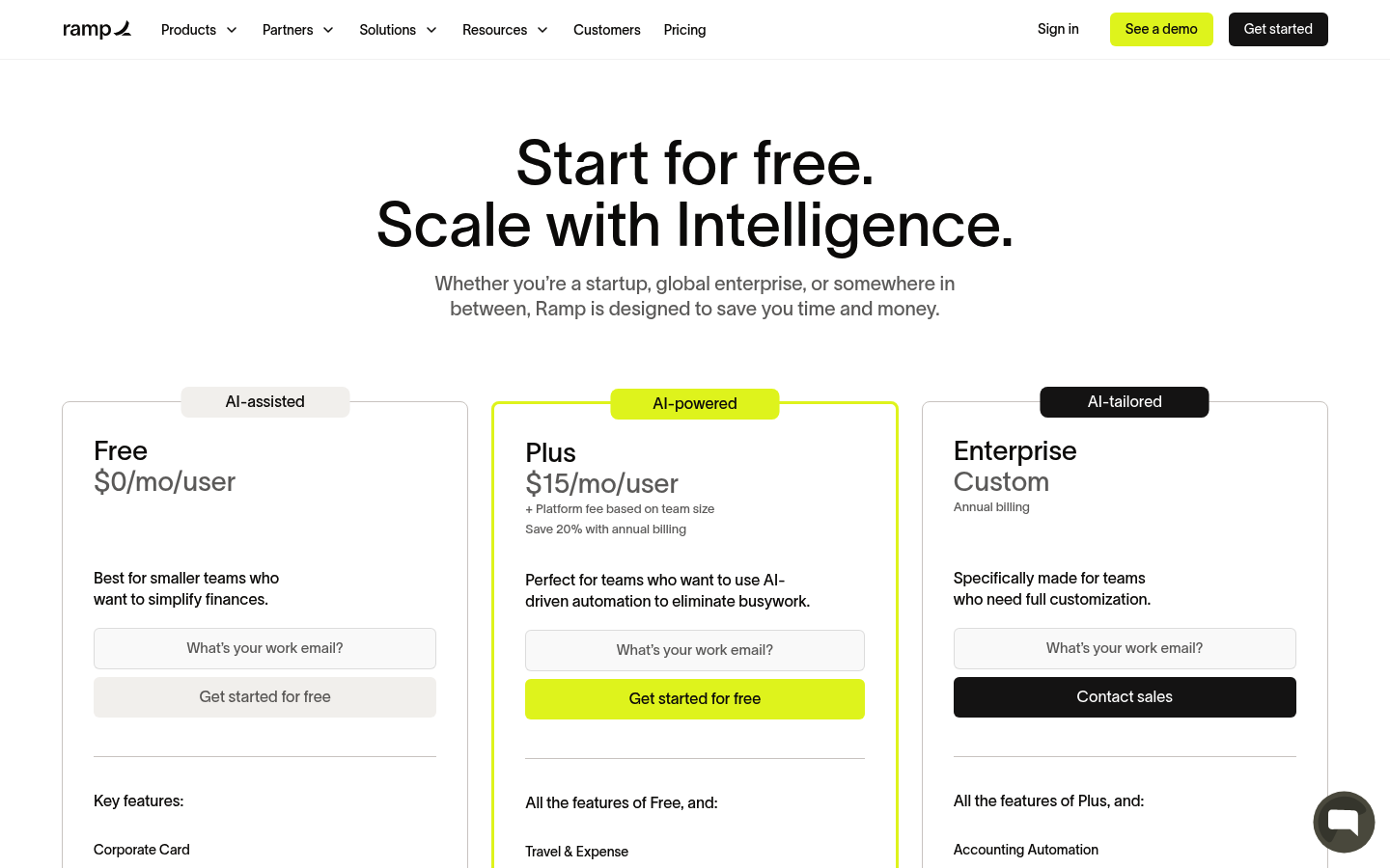 Screenshot of Ramp's pricing page showing its plans and prices