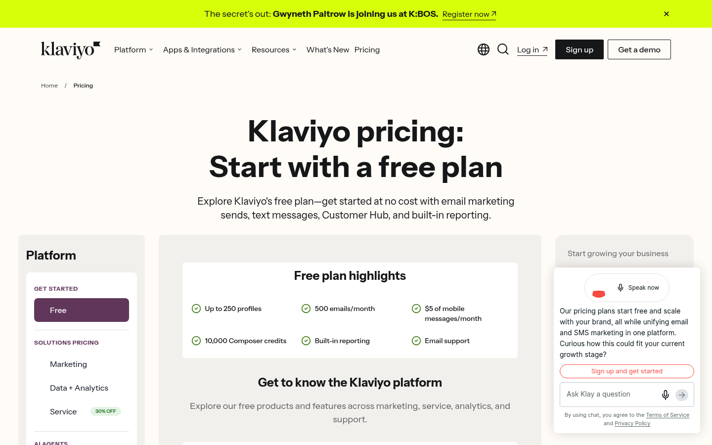 Screenshot of Klaviyo's pricing page showing its plans and prices
