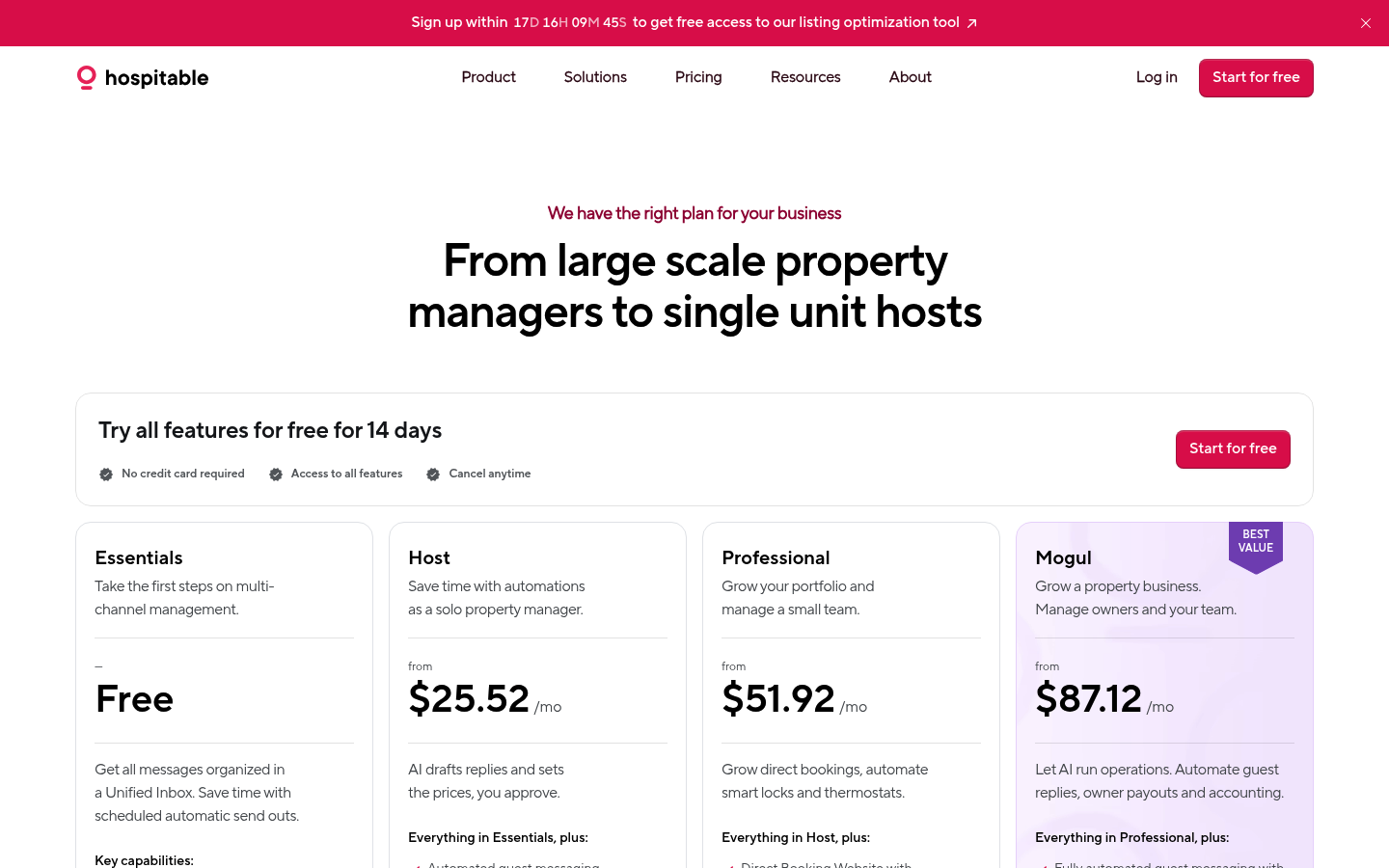 Screenshot of Hospitable's pricing page showing its plans and prices