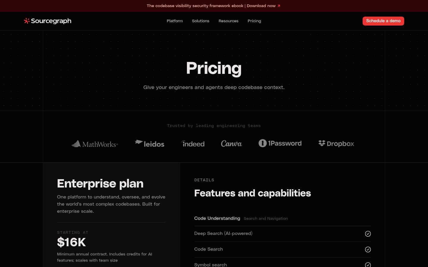 Screenshot of Sourcegraph's pricing page showing its plans and prices