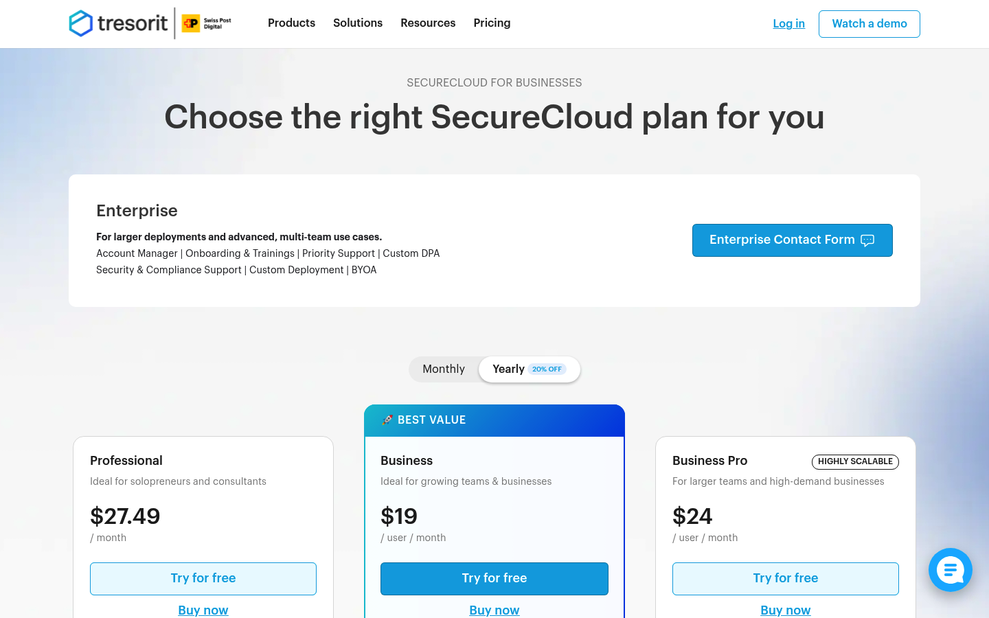 Screenshot of Tresorit's pricing page showing its plans and prices