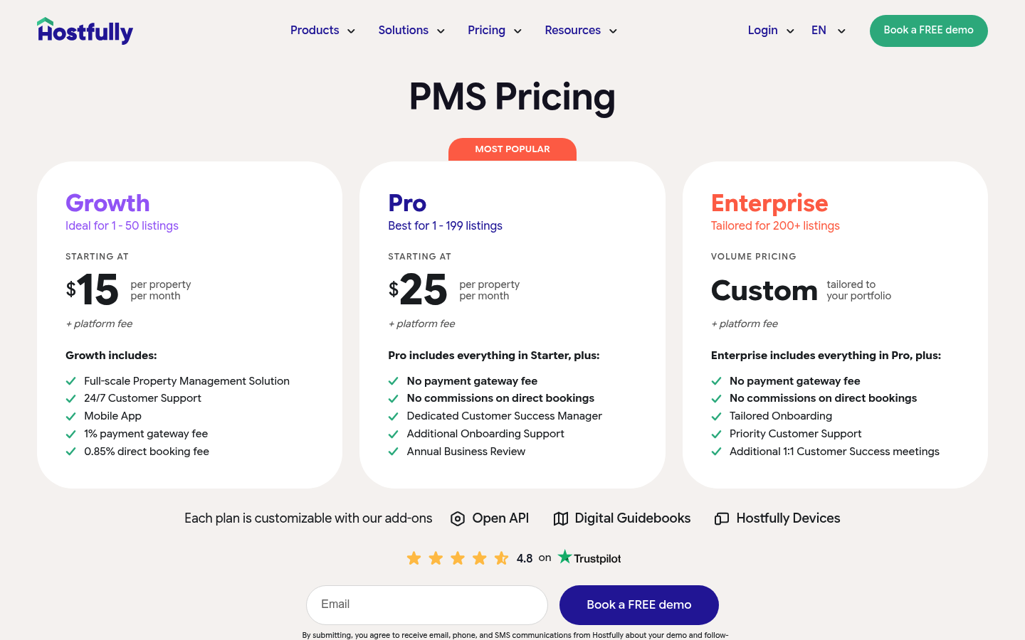 Screenshot of Hostfully's pricing page showing its plans and prices