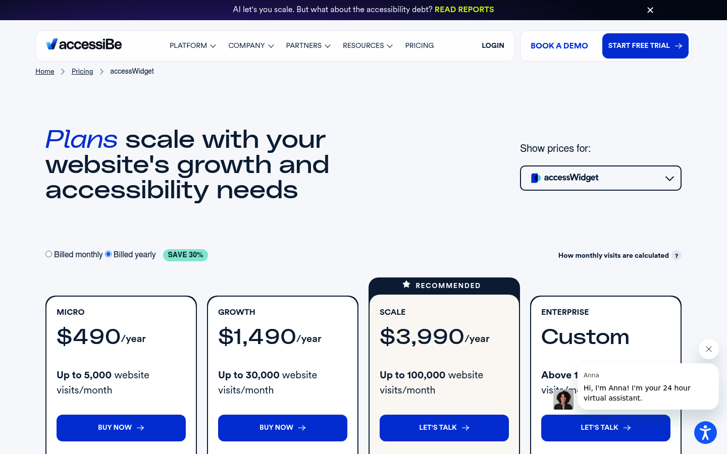 Screenshot of accessiBe's pricing page showing its plans and prices