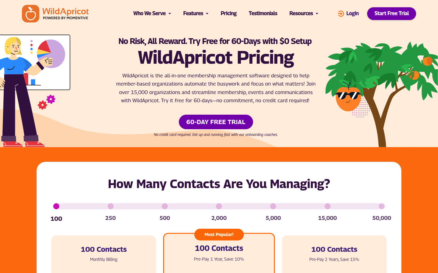 Screenshot of Wild Apricot's pricing page showing its plans and prices