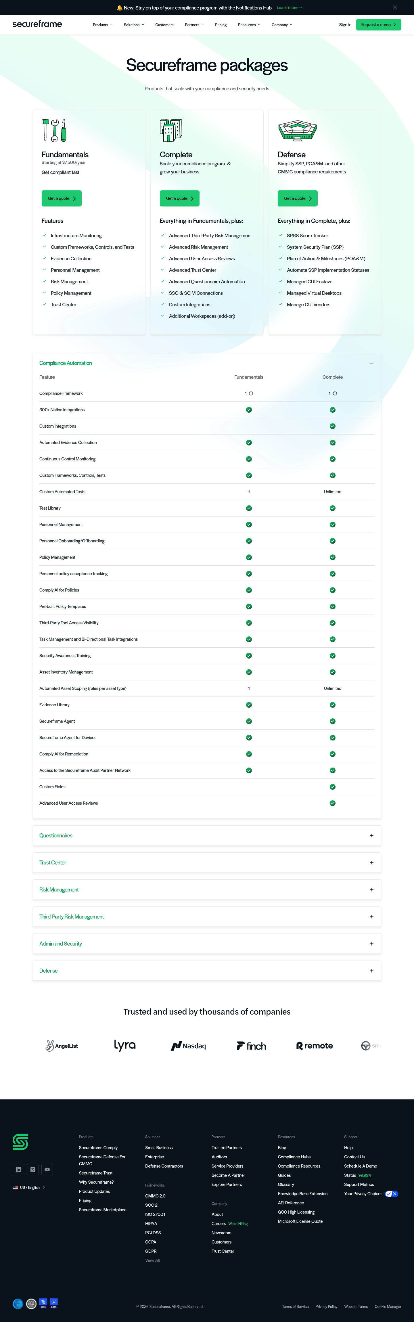 Screenshot of Secureframe's pricing page showing its plans and prices
