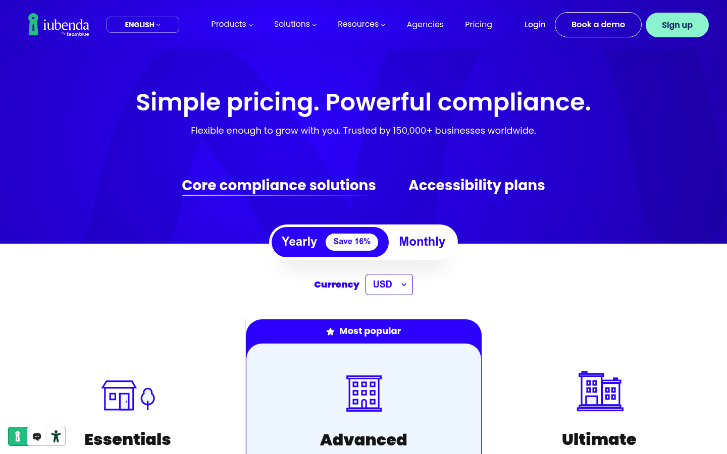 Screenshot of Iubenda's pricing page showing its plans and prices