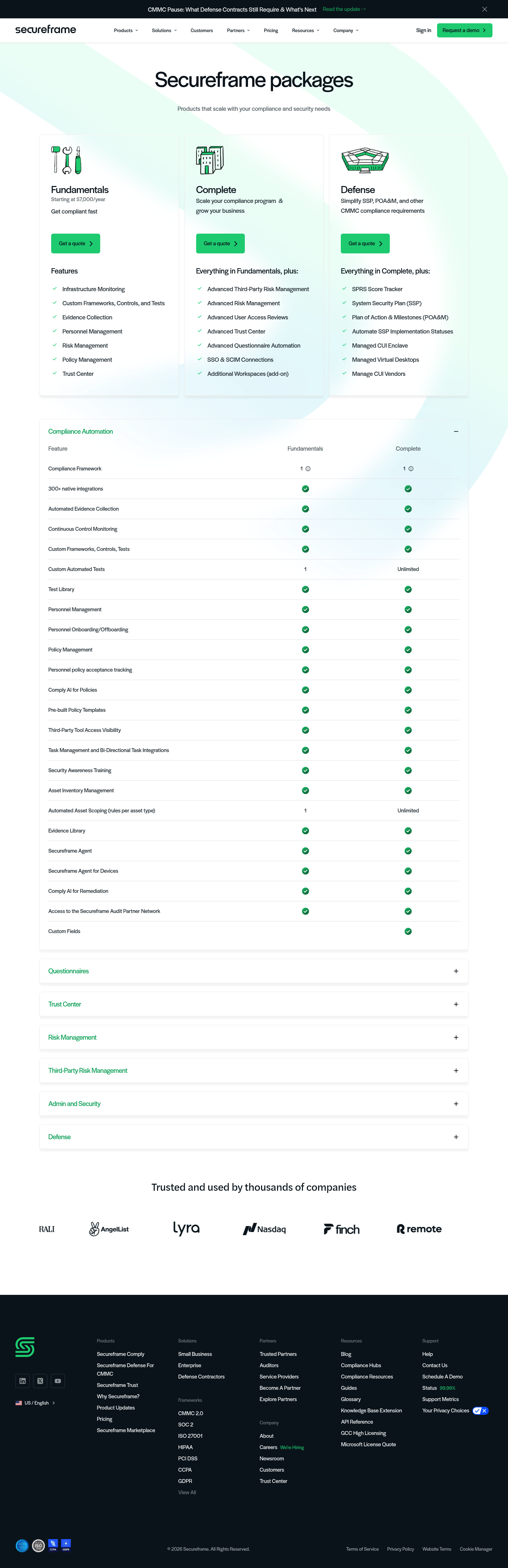 Screenshot of Secureframe's pricing page showing its plans and prices