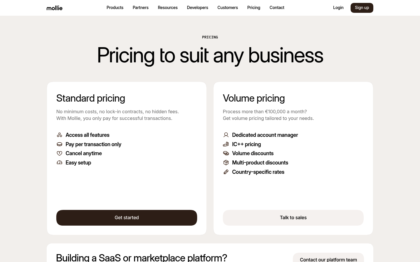 Screenshot of Mollie's pricing page showing its plans and prices