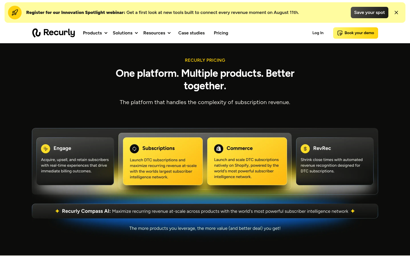 Screenshot of Recurly's pricing page showing its plans and prices