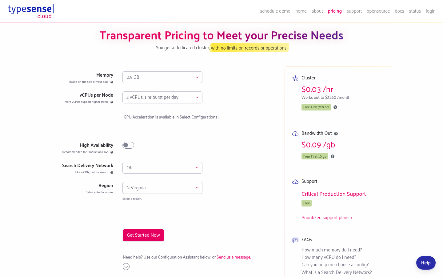 Screenshot of Typesense's pricing page showing its plans and prices