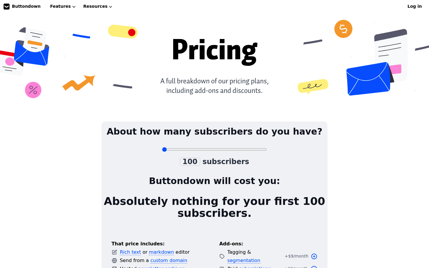 Screenshot of Buttondown's pricing page showing its plans and prices