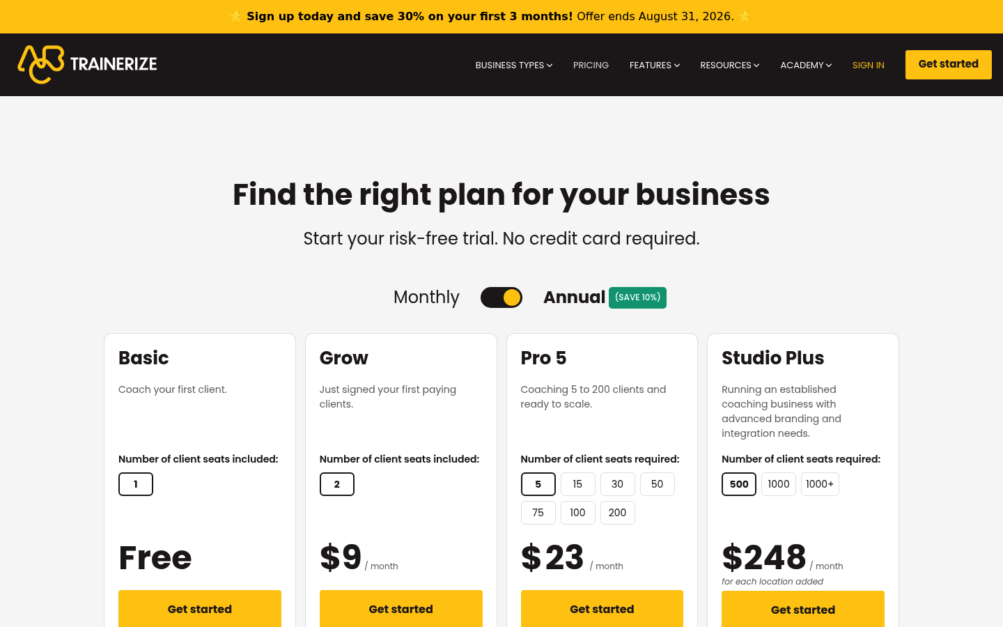 Screenshot of Trainerize's pricing page showing its plans and prices