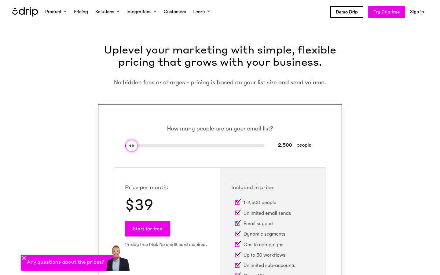 Screenshot of Drip's pricing page showing its plans and prices