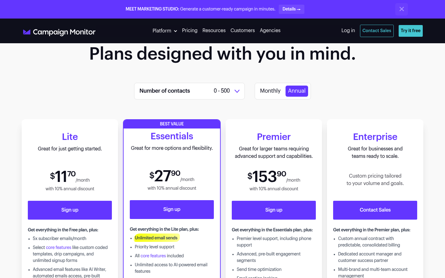 Screenshot of Campaign Monitor's pricing page showing its plans and prices