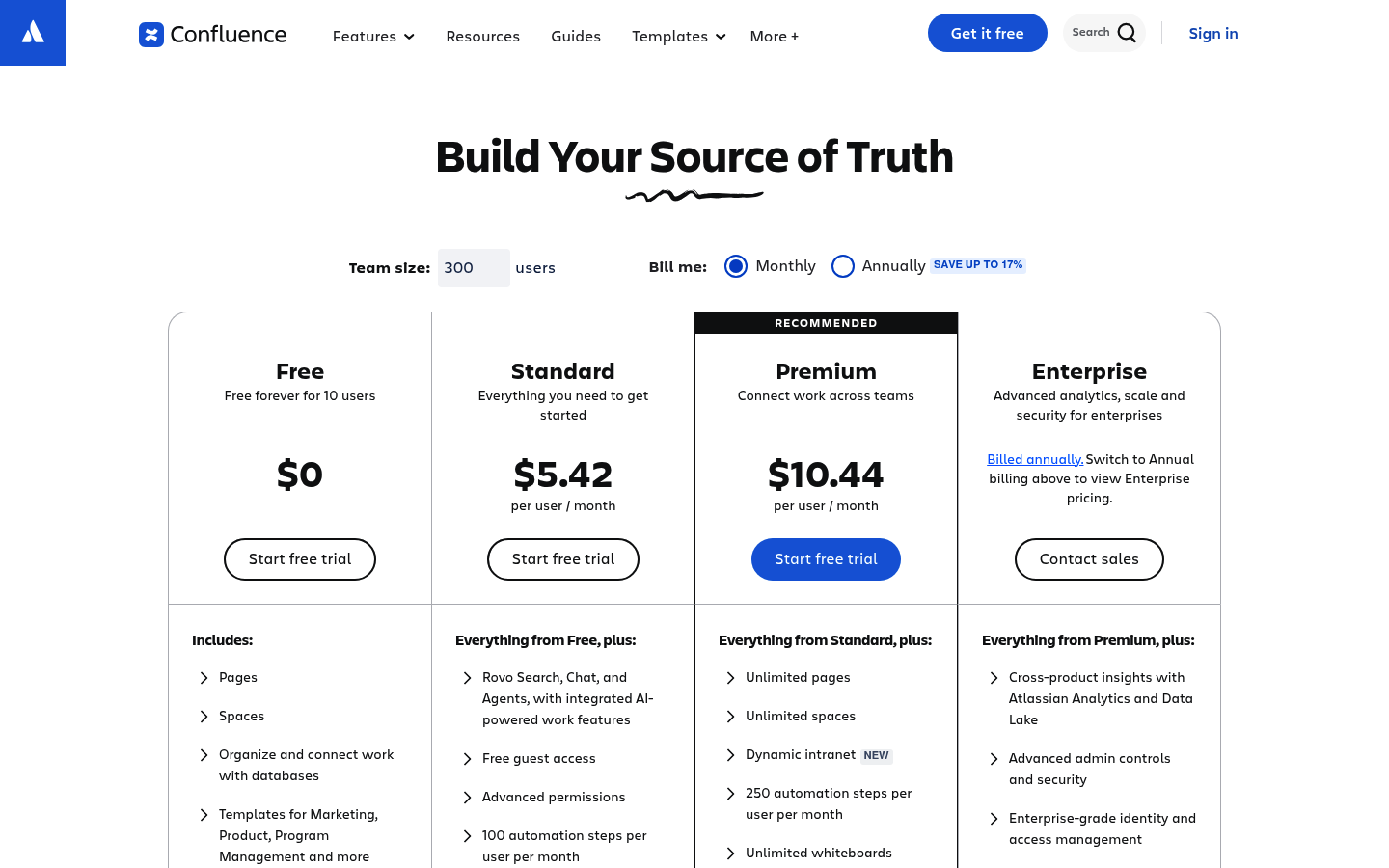 Screenshot of Confluence's pricing page showing its plans and prices