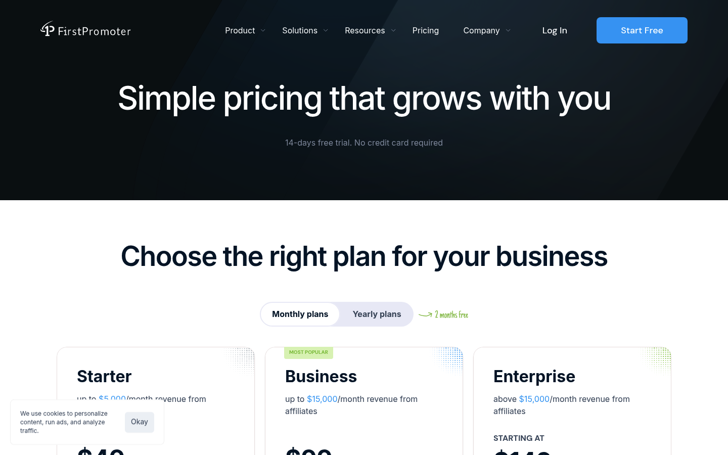Screenshot of FirstPromoter's pricing page showing its plans and prices