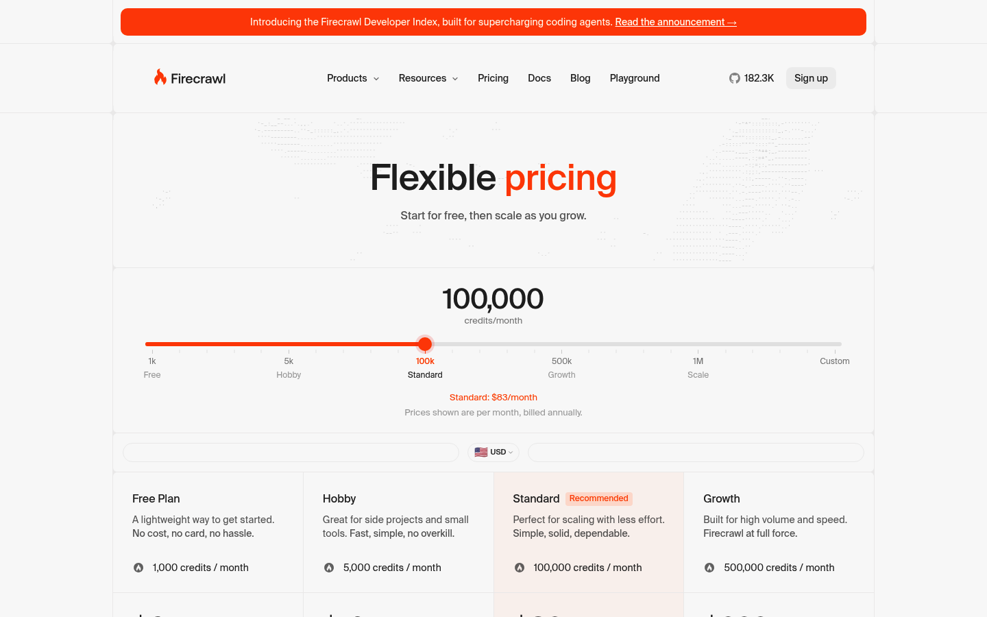 Screenshot of Firecrawl's pricing page showing its plans and prices