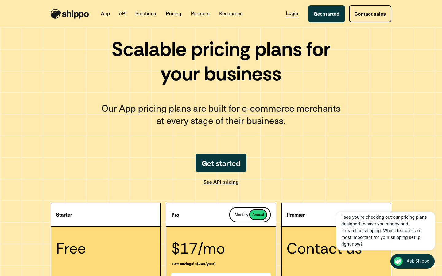 Screenshot of Shippo's pricing page showing its plans and prices