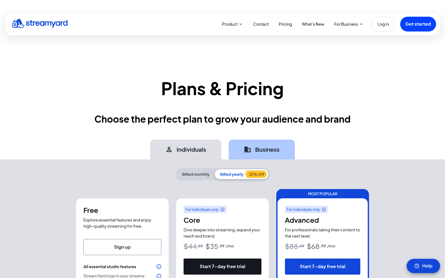 Screenshot of StreamYard's pricing page showing its plans and prices