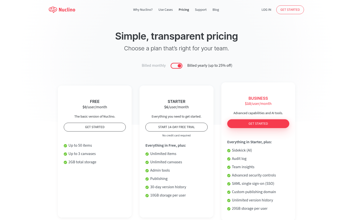 Screenshot of Nuclino's pricing page showing its plans and prices