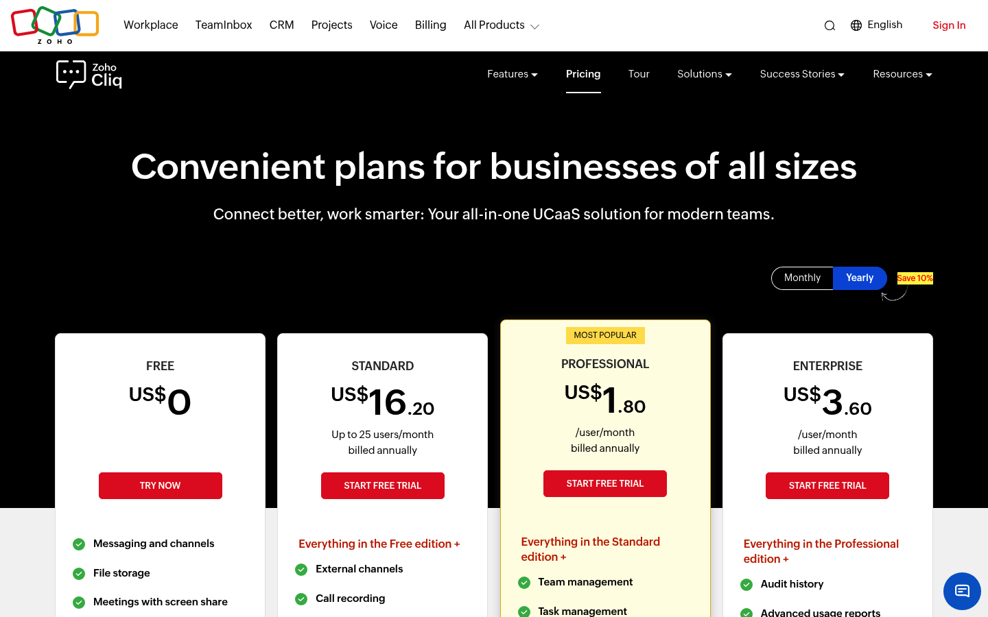 Screenshot of Zoho Cliq's pricing page showing its plans and prices