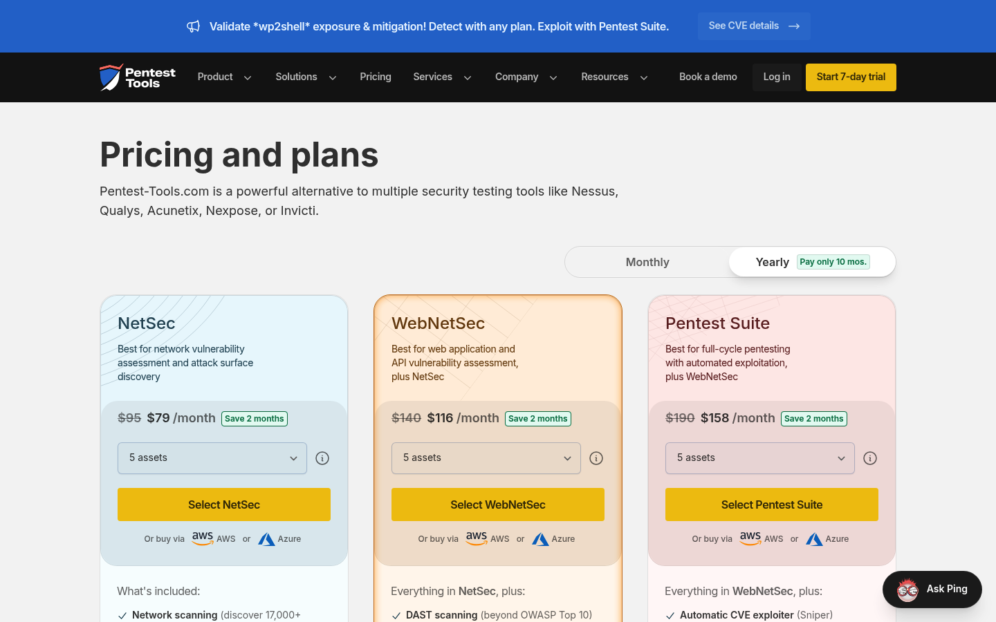 Screenshot of Pentest-Tools.com's pricing page showing its plans and prices