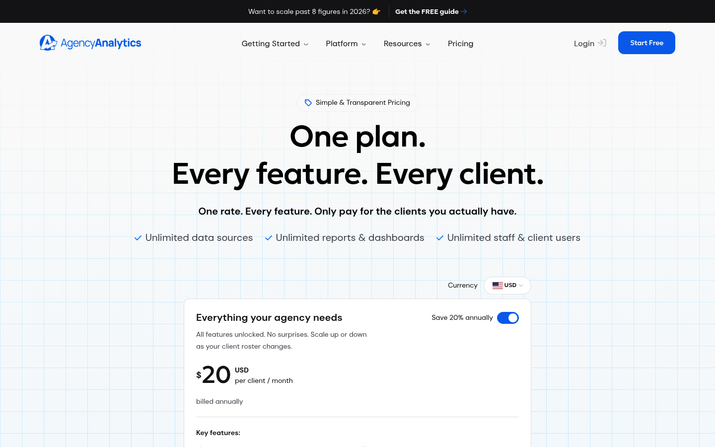 Screenshot of AgencyAnalytics's pricing page showing its plans and prices