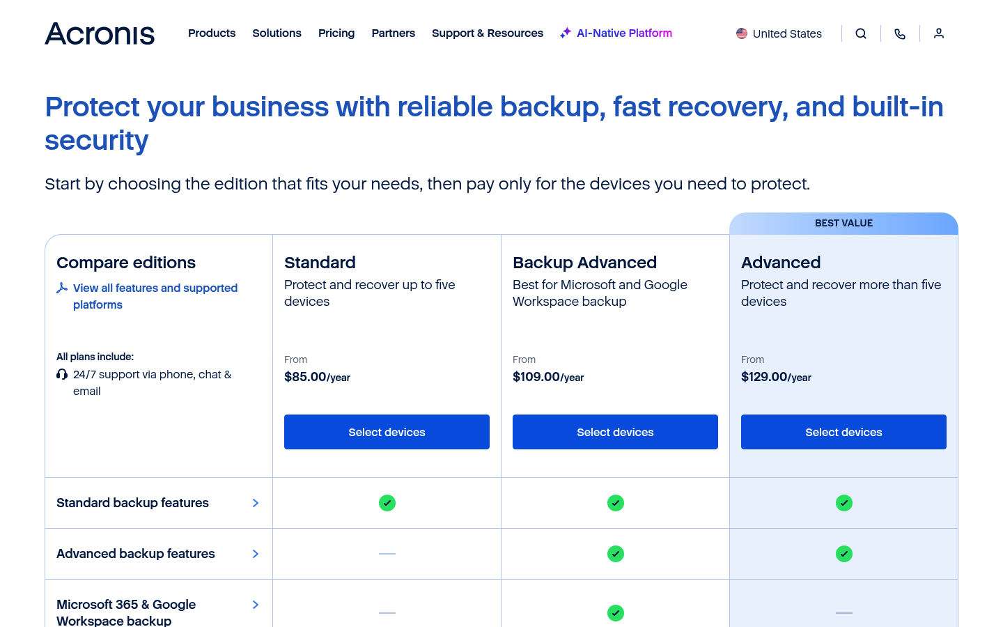 Screenshot of Acronis's pricing page showing its plans and prices