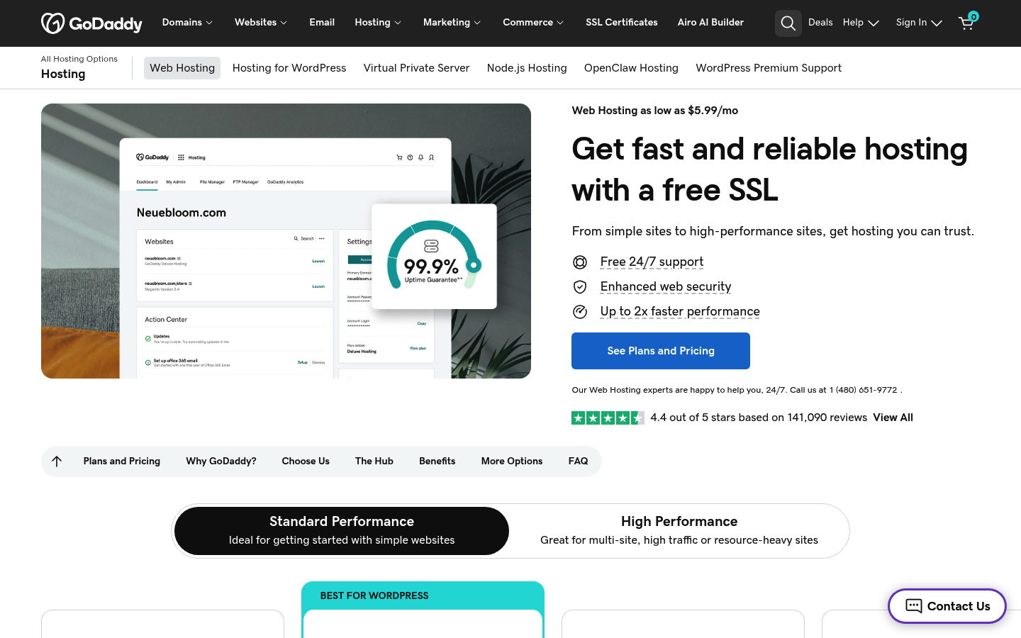 Screenshot of GoDaddy's pricing page showing its plans and prices