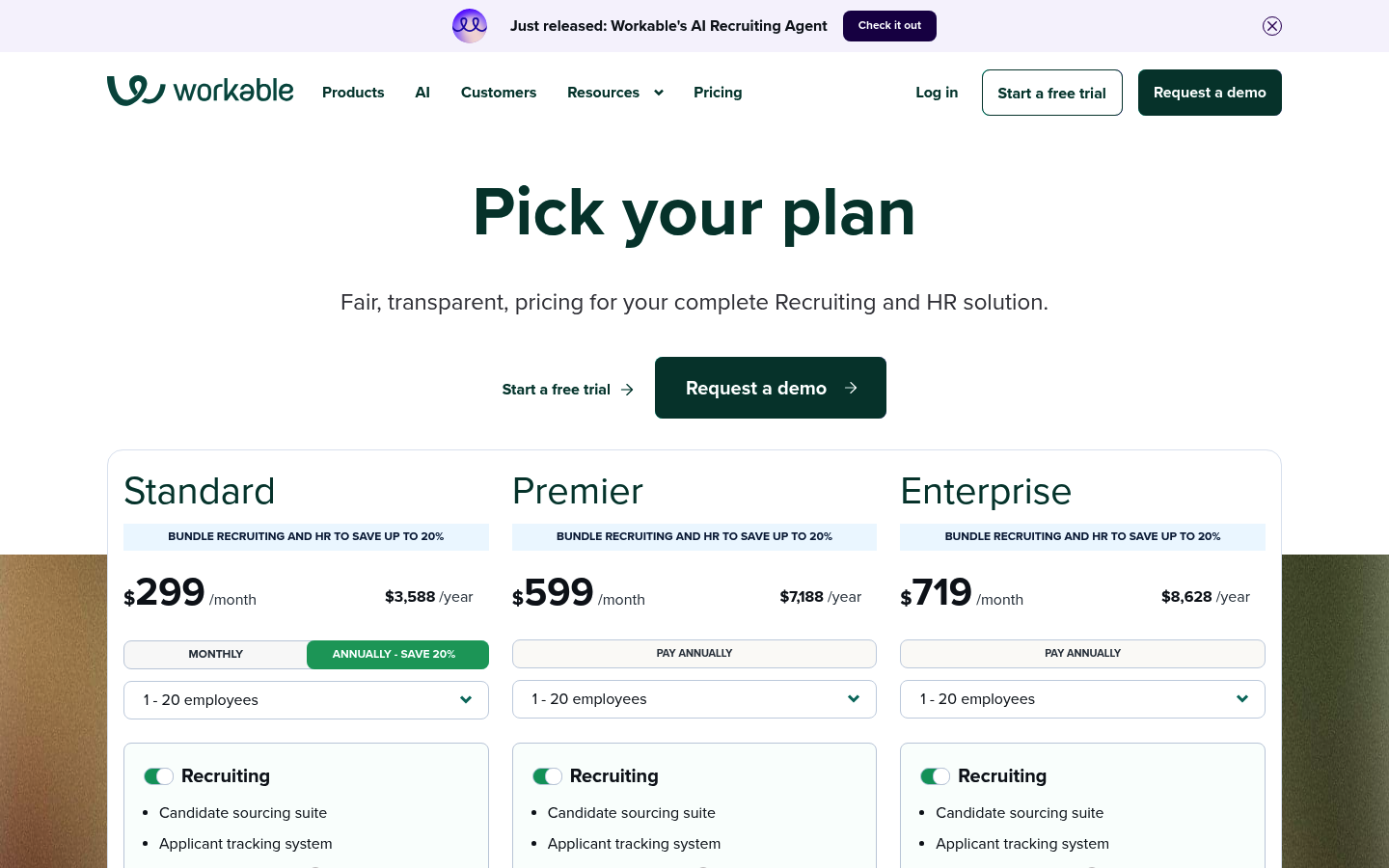 Screenshot of Workable's pricing page showing its plans and prices