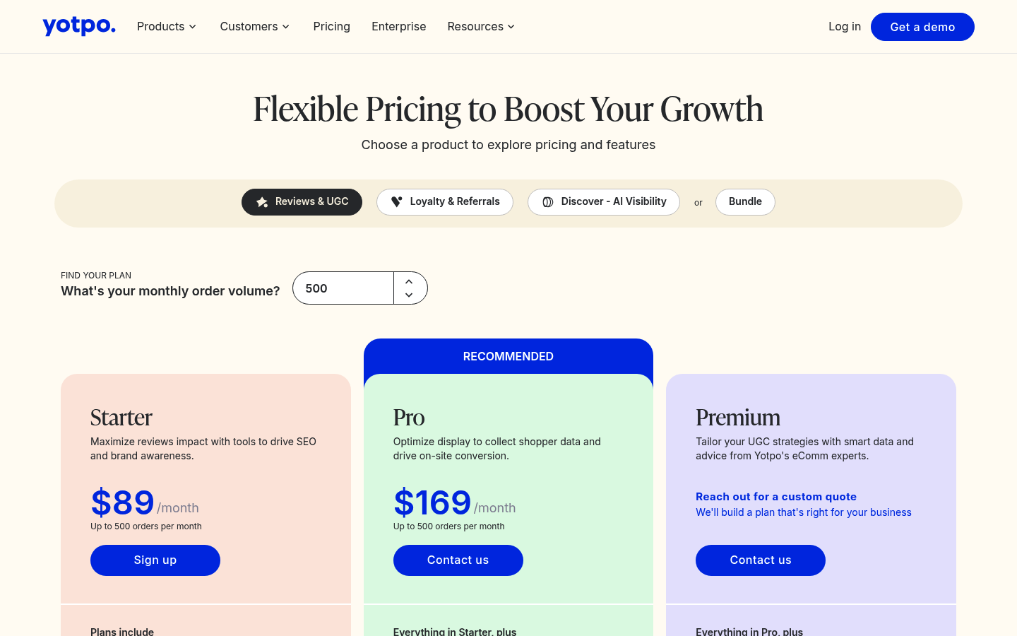 Screenshot of Yotpo's pricing page showing its plans and prices