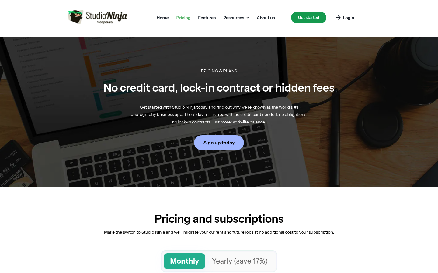 Screenshot of Studio Ninja's pricing page showing its plans and prices