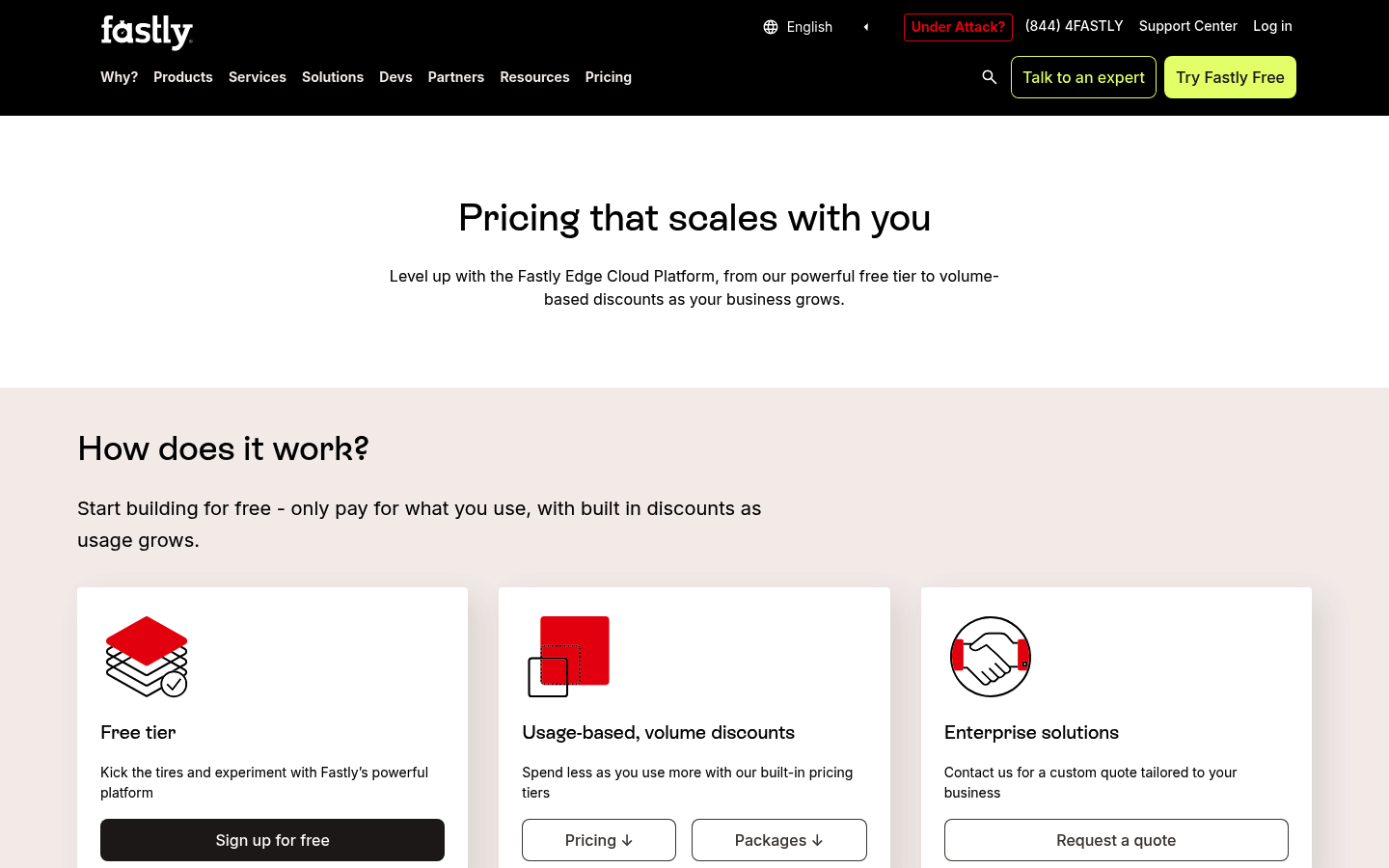 Screenshot of Fastly's pricing page showing its plans and prices