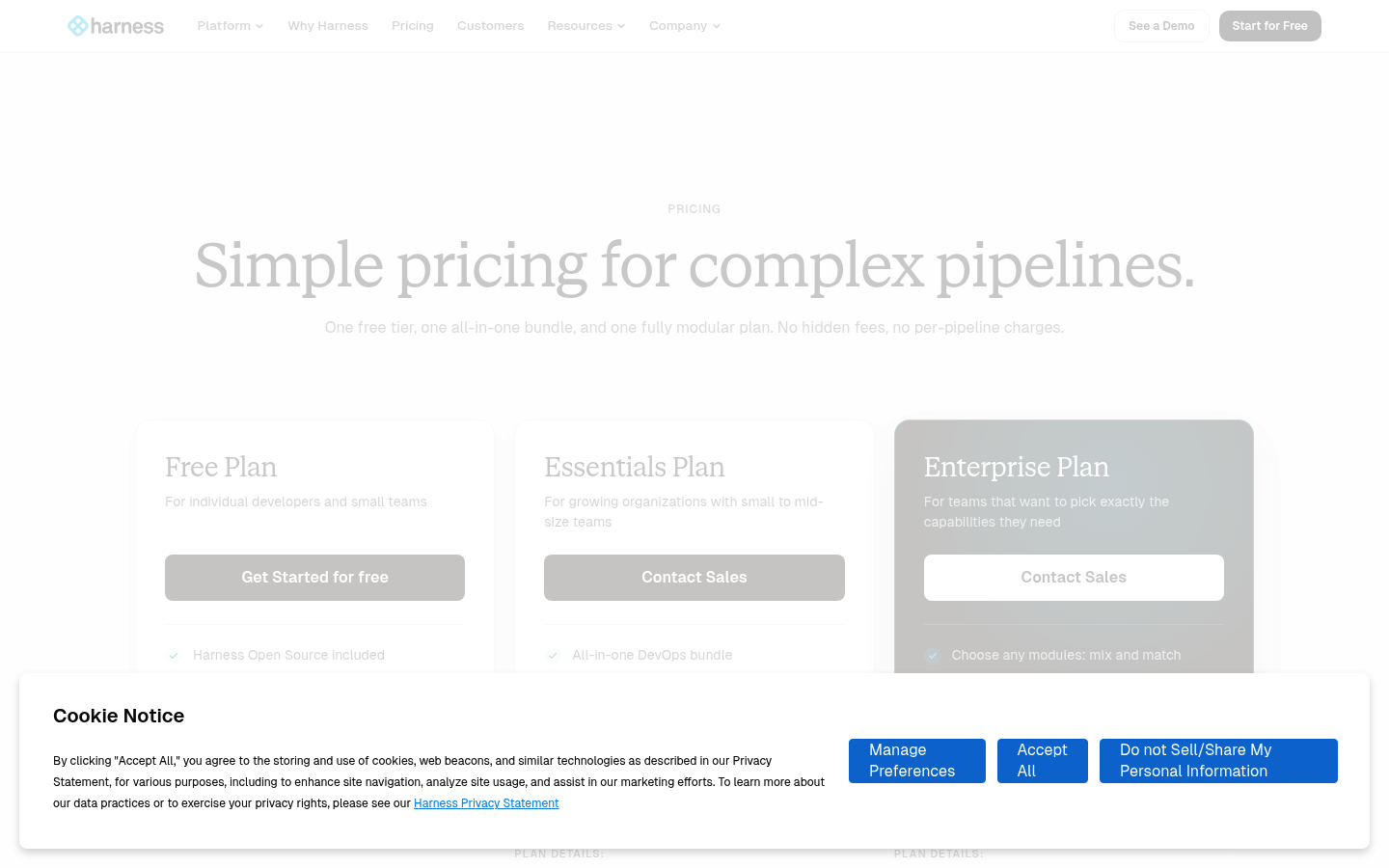 Screenshot of Harness's pricing page showing its plans and prices