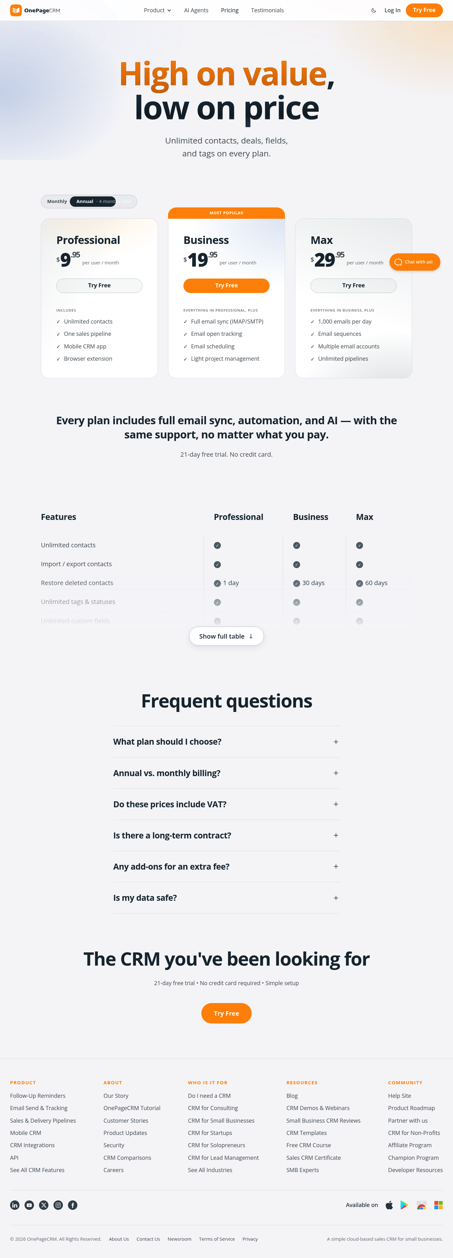 Screenshot of OnePageCRM's pricing page showing its plans and prices