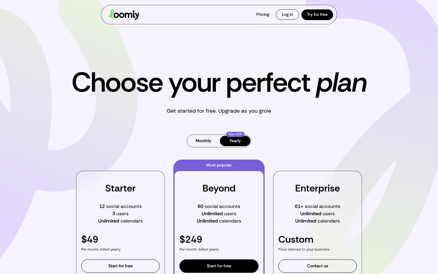 Screenshot of Loomly's pricing page showing its plans and prices