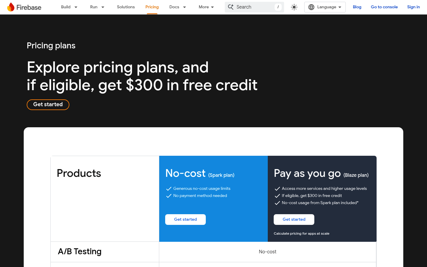 Screenshot of Firebase's pricing page showing its plans and prices