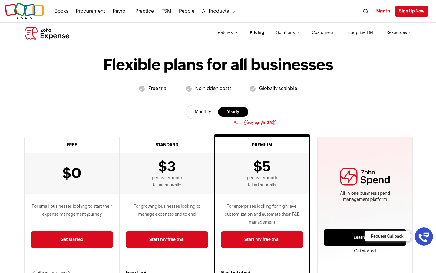 Screenshot of Zoho Expense's pricing page showing its plans and prices