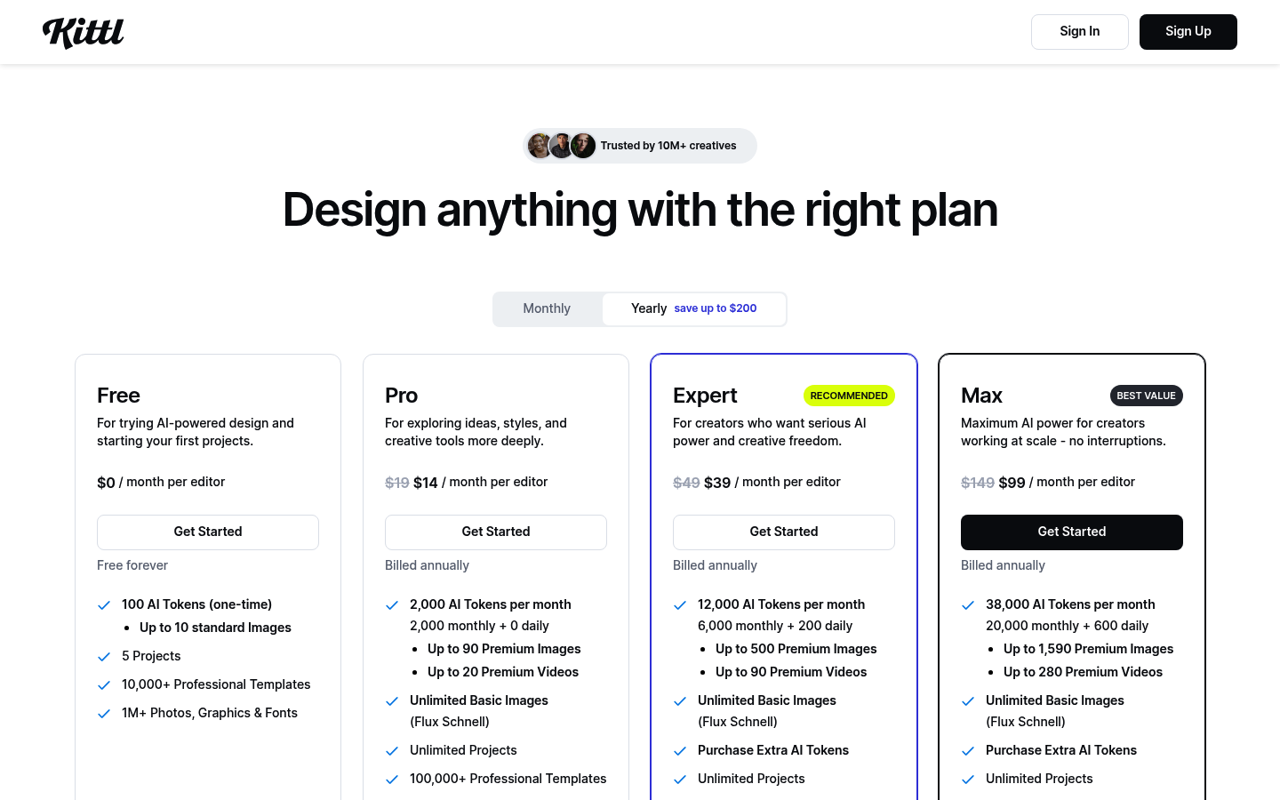 Screenshot of Kittl's pricing page showing its plans and prices