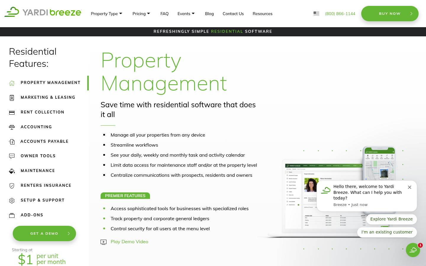 Screenshot of Yardi Breeze's pricing page showing its plans and prices