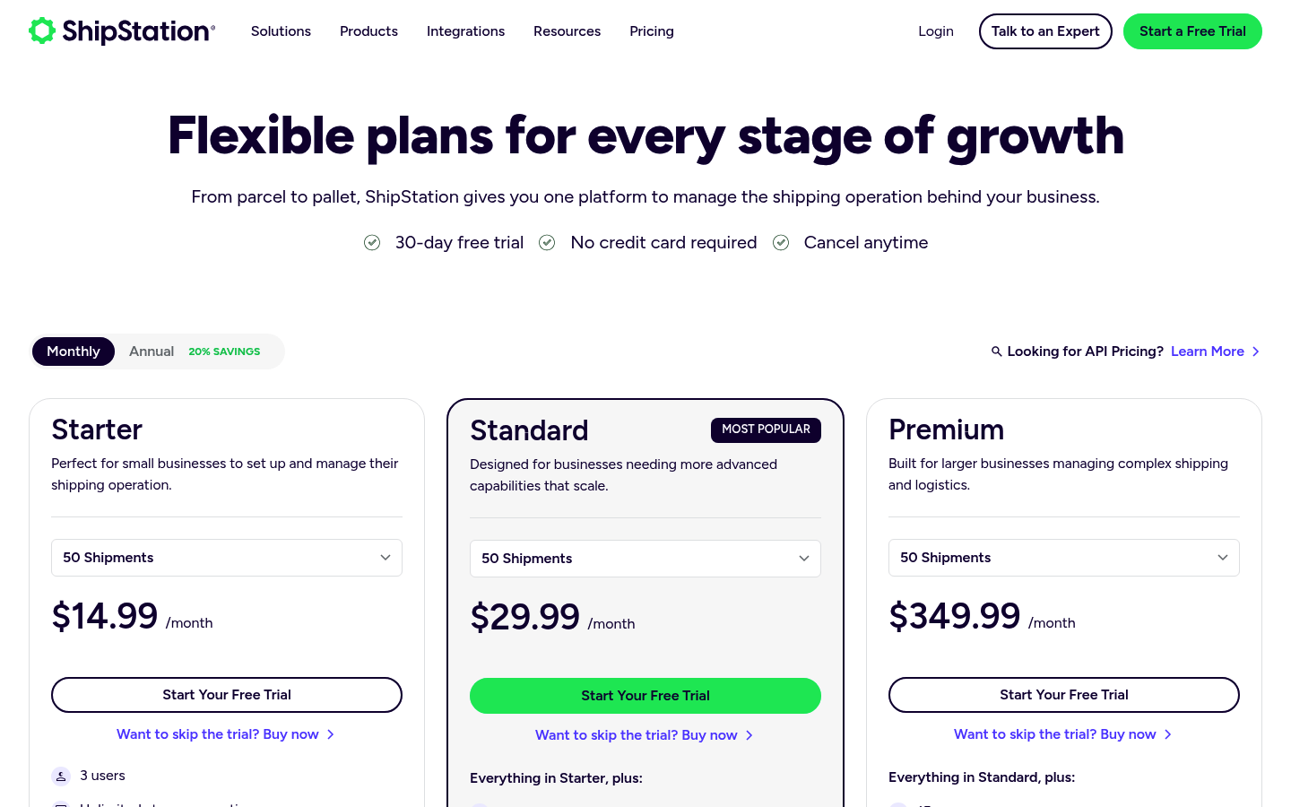 Screenshot of ShipStation's pricing page showing its plans and prices