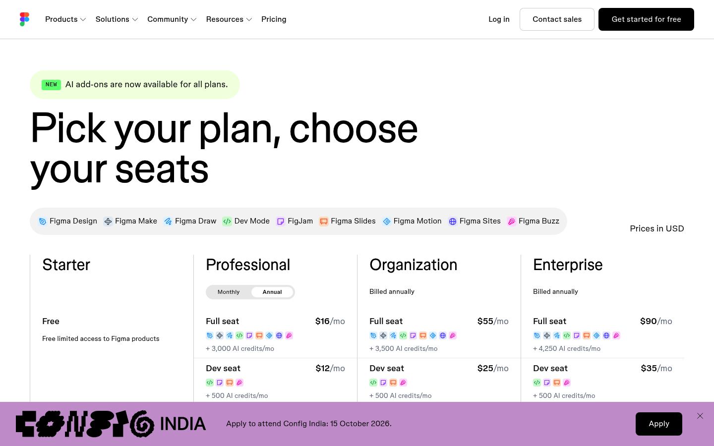 Screenshot of Figma's pricing page showing its plans and prices