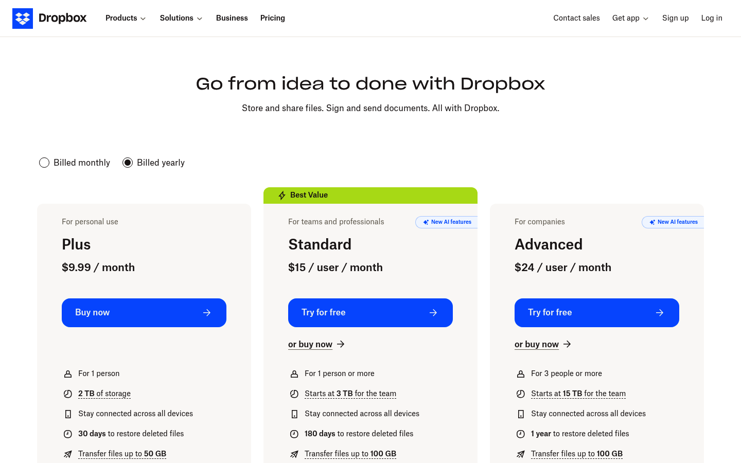 Screenshot of Dropbox's pricing page showing its plans and prices