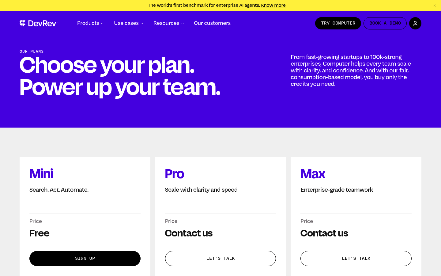 Screenshot of DevRev's pricing page showing its plans and prices