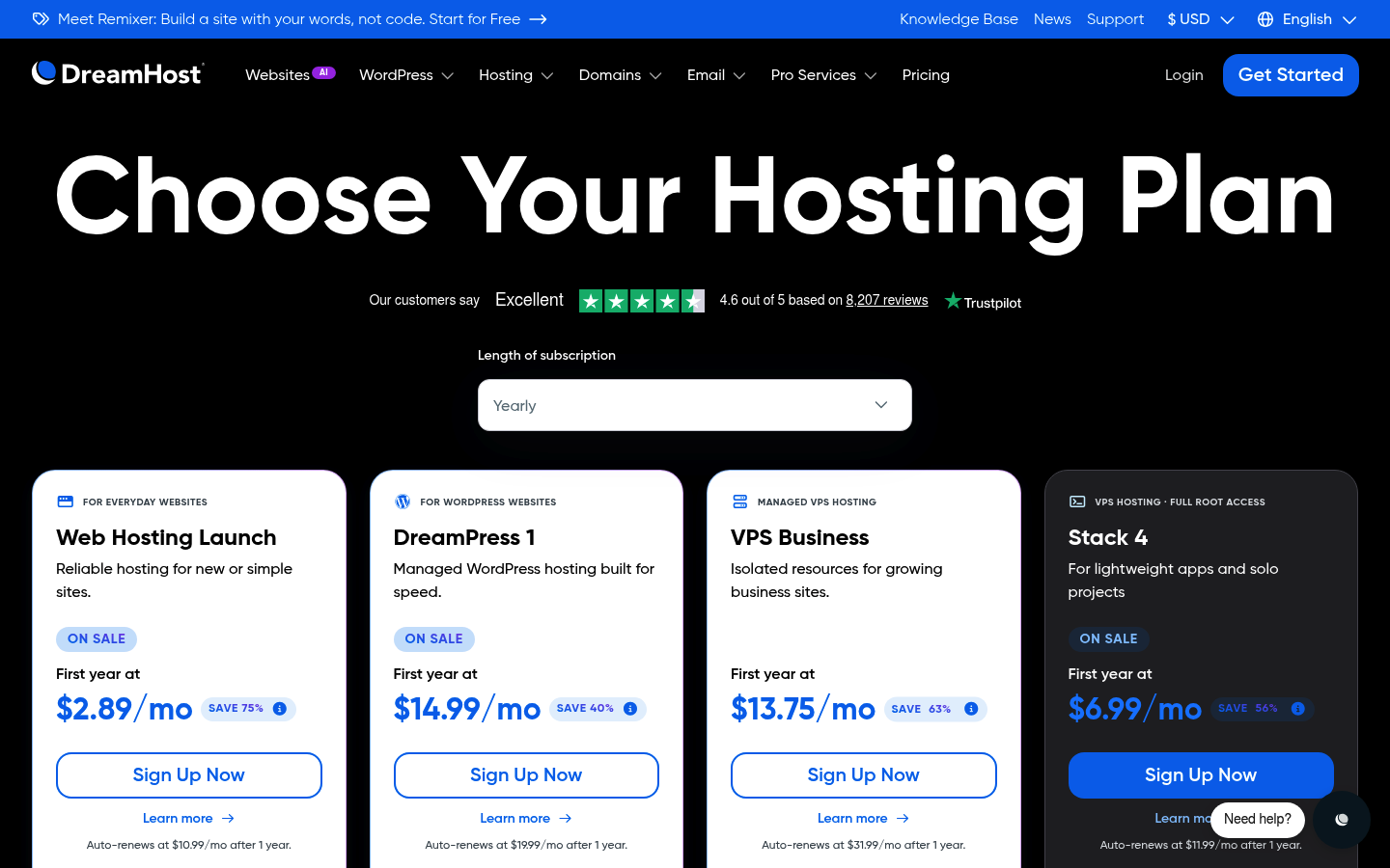 Screenshot of DreamHost's pricing page showing its plans and prices
