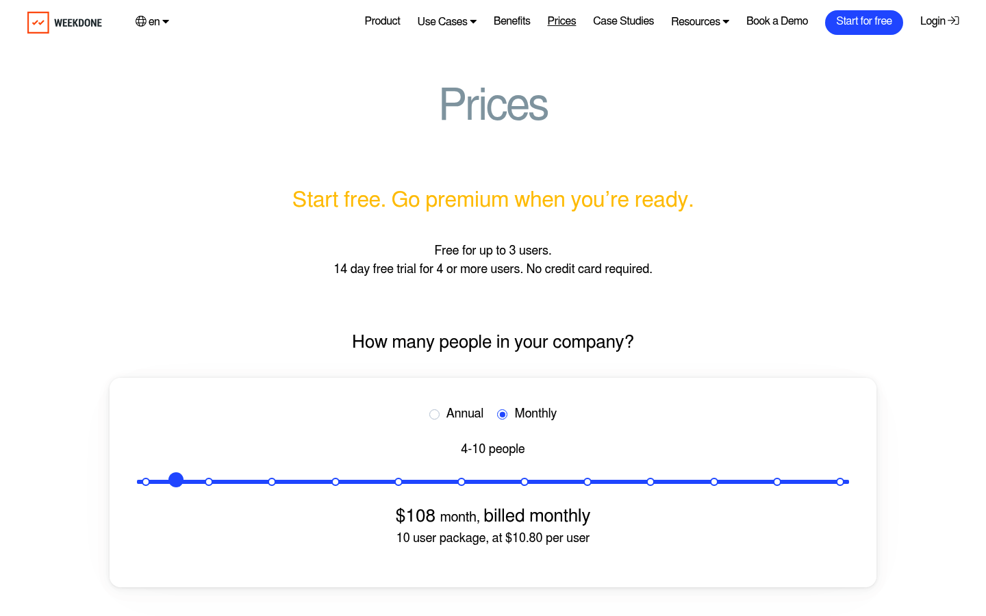 Screenshot of Weekdone's pricing page showing its plans and prices