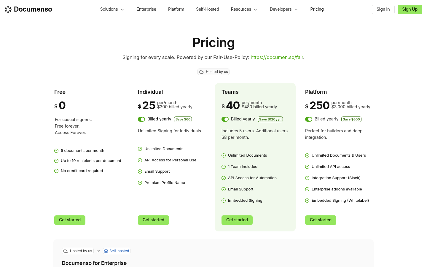 Screenshot of Documenso's pricing page showing its plans and prices