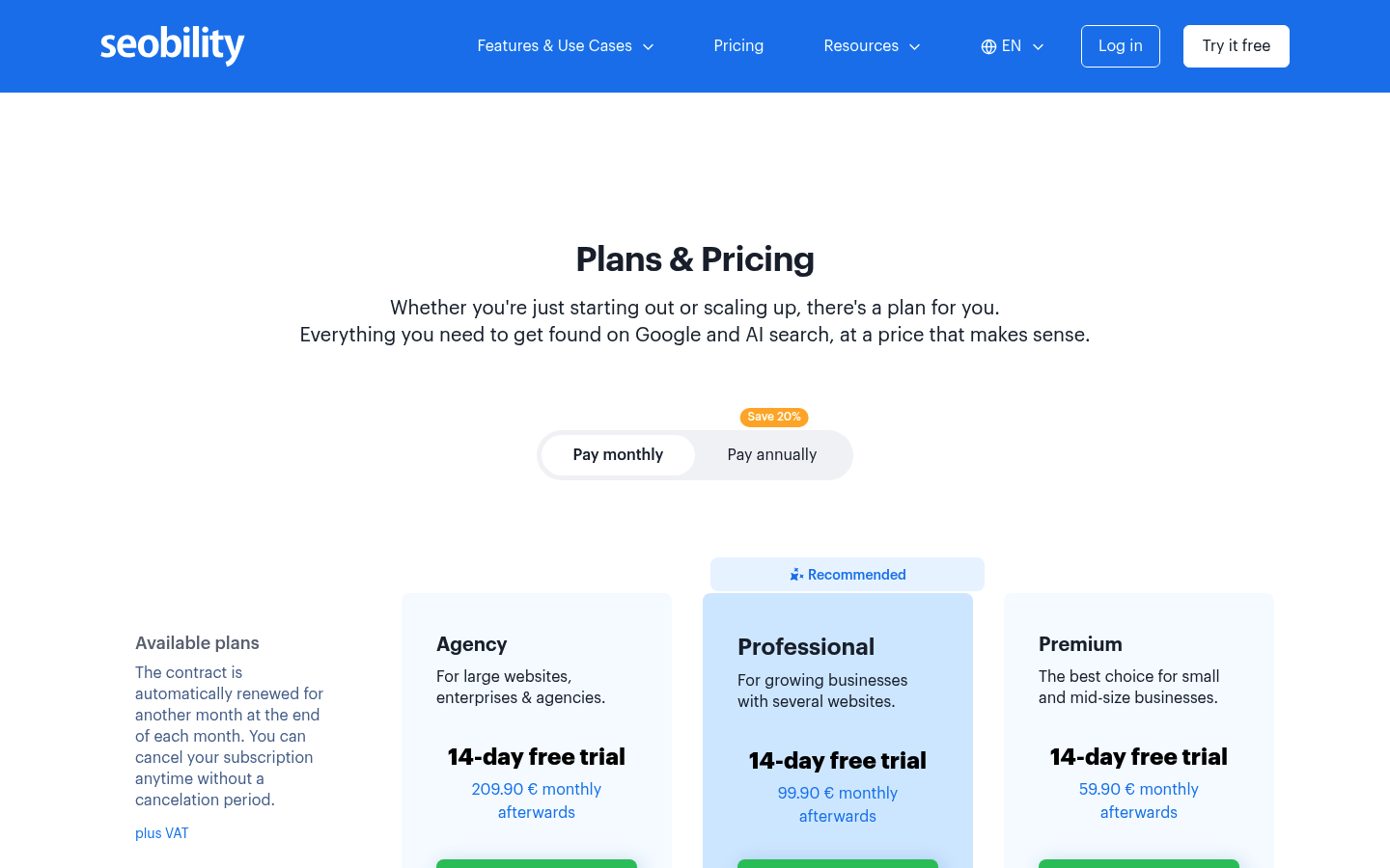 Screenshot of Seobility's pricing page showing its plans and prices